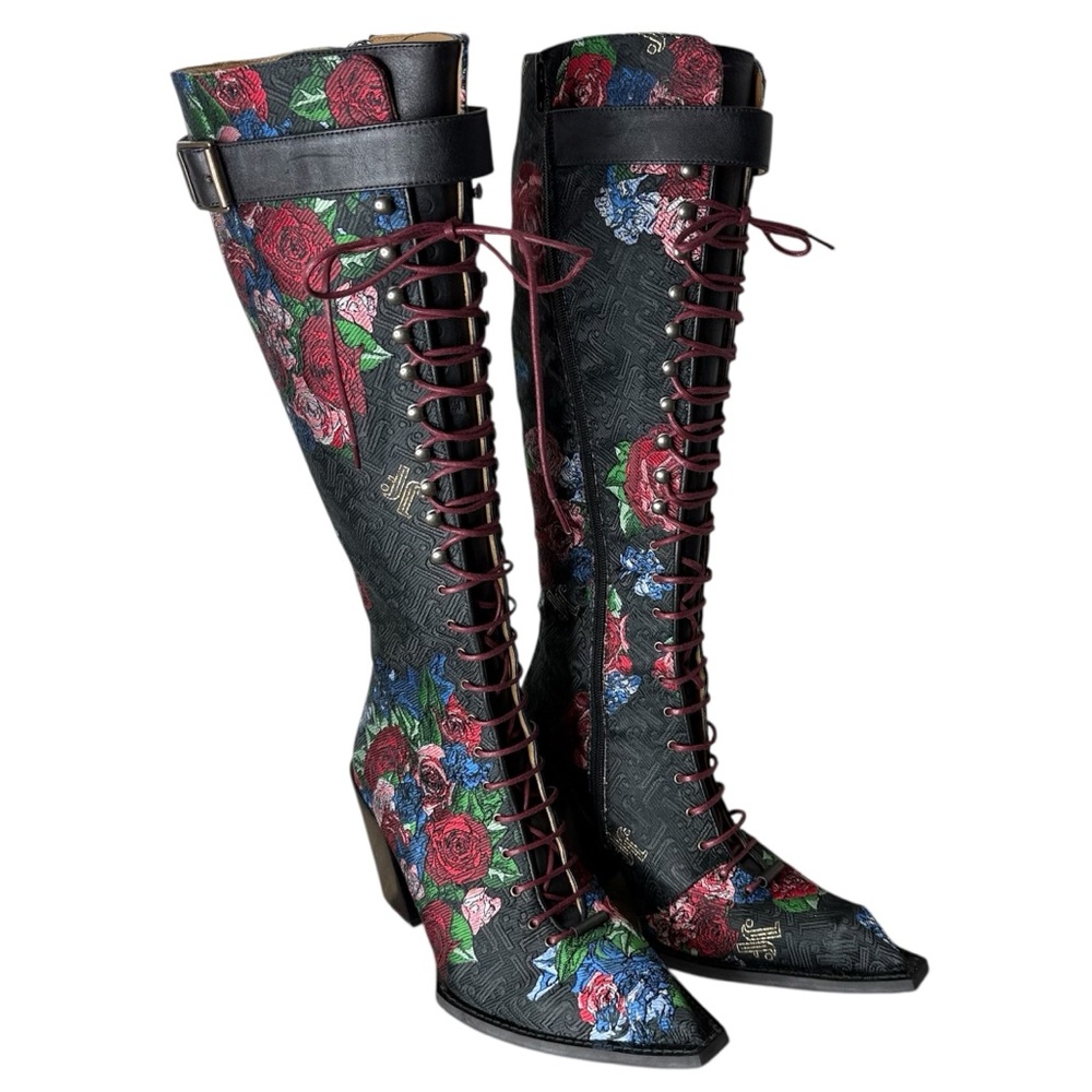 FLUEVOG New Rare Abstract Candy Swordfish Floral Laced Tall Boots JF Monogram 8